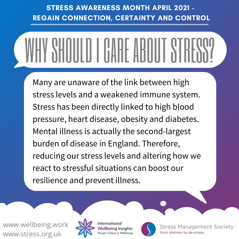 Why Should I Care About Stress? Many are unaware of the link between high stress levels and a weakened immune system. Stress has been directly linked to high blood pressure, heart disease, obesity and diabetes. Mental illness is actually the second-largest burden of disease in England. Therefore, reducing our stress levels and altering how we react to stressful situations can boost our resilience and prevent illness. More info at www.wellbeing.work and www.stress.org.uk